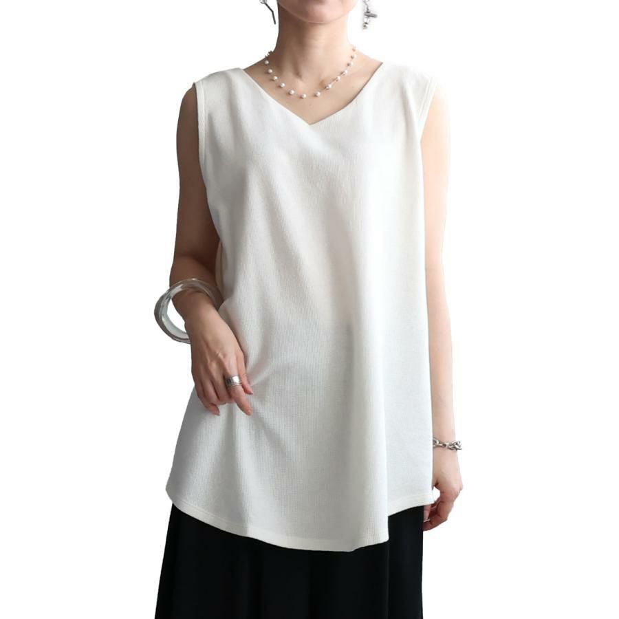 大きいサイズ レディース Vネックワッフルタンクトップ　wk-0425【メール便可】 ホワイト