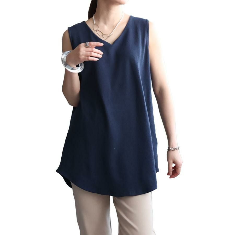 大きいサイズ レディース Vネックワッフルタンクトップ　wk-0425【メール便可】 ネイビー