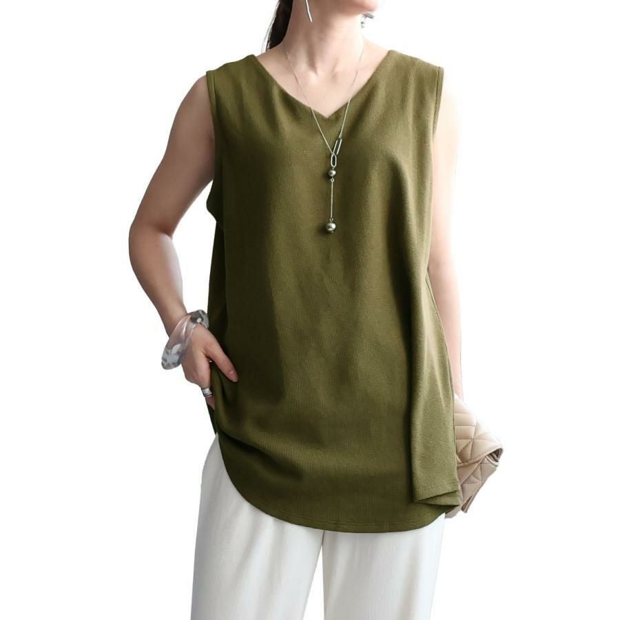 大きいサイズ レディース Vネックワッフルタンクトップ　wk-0425【メール便可】 カーキ