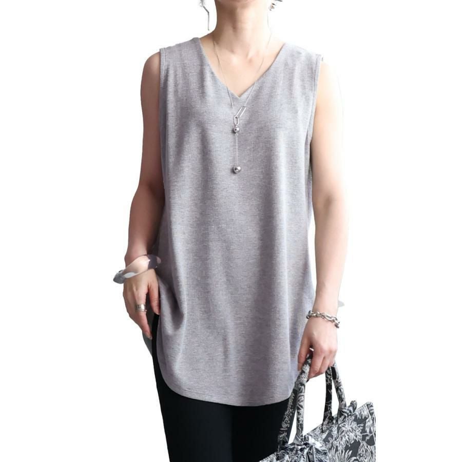大きいサイズ レディース Vネックワッフルタンクトップ　wk-0425【メール便可】 杢グレー