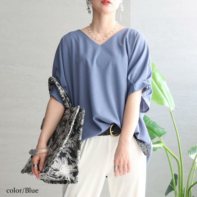 大きいサイズ レディース 袖タックプルオーバー　mncut-132039 ブルー