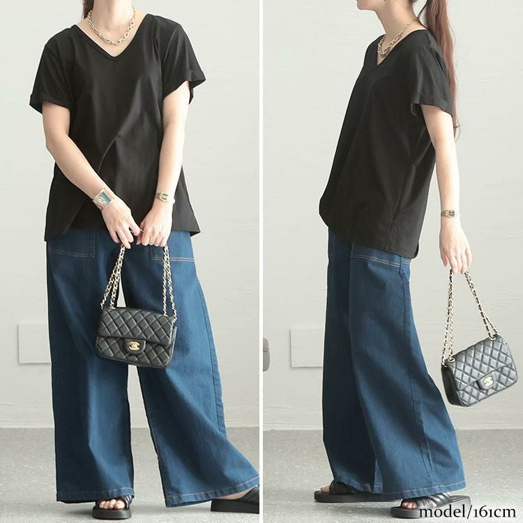 大きいサイズ レディース Vネック半袖Tシャツ　goldy-1239 ブラック