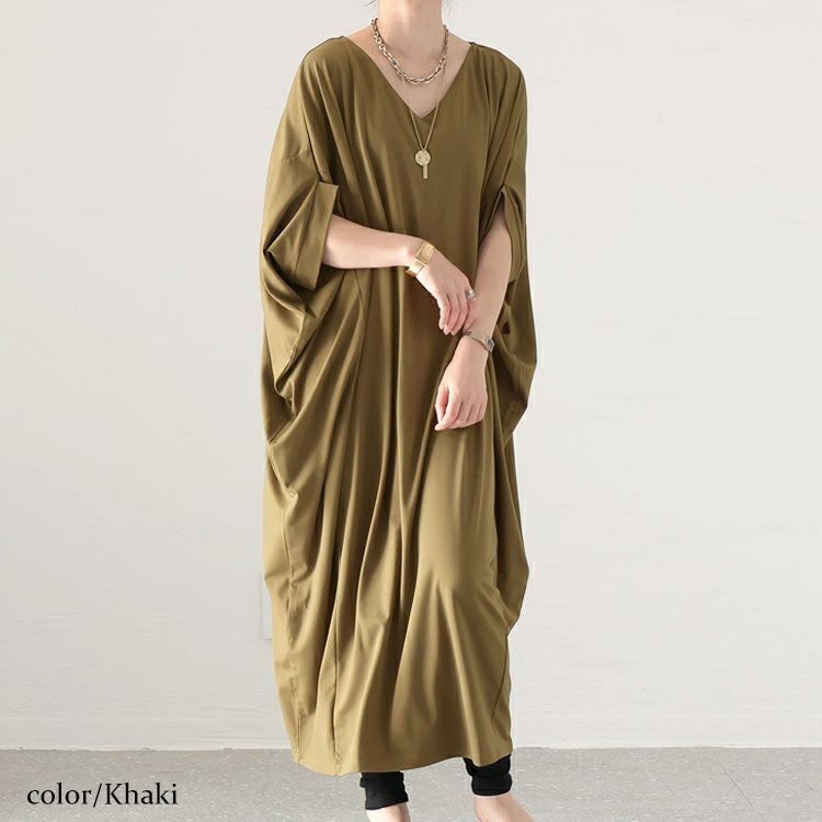 大きいサイズ レディース 接触冷感Vネックマキシワンピース　mncut-132057