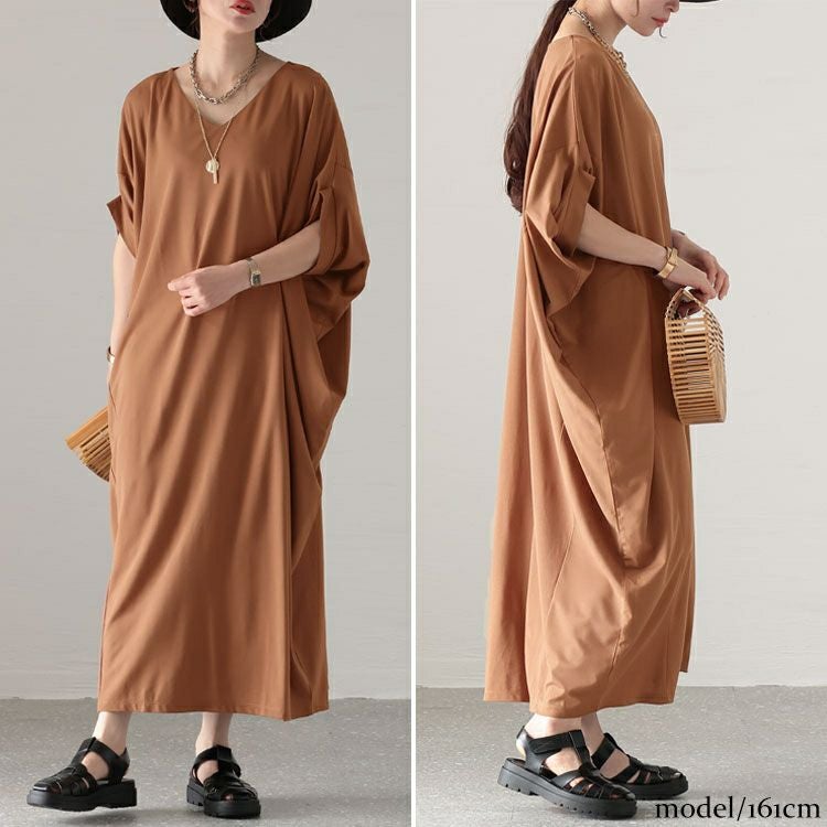 大きいサイズ レディース 接触冷感Vネックマキシワンピース　mncut-132057