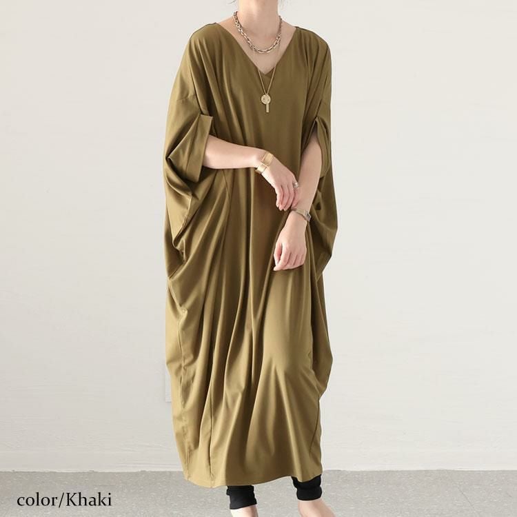大きいサイズ レディース 接触冷感Vネックマキシワンピース　mncut-132057 カーキ