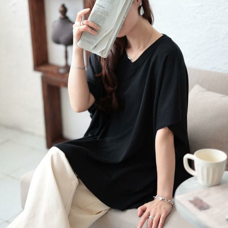 大きいサイズ レディース ポンチョ風Vネックプルオーバー　sada-6846 ブラック