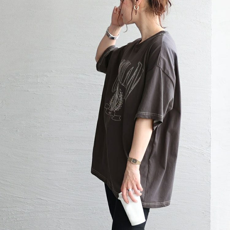 大きいサイズ レディース 線刺繍半袖Tシャツ　cros-130121 【メール便可】