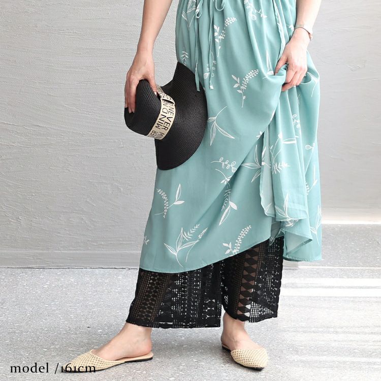 大きいサイズ レディース 股ずれ防止レースワイドパンツ　u2-0074 【メール便可】