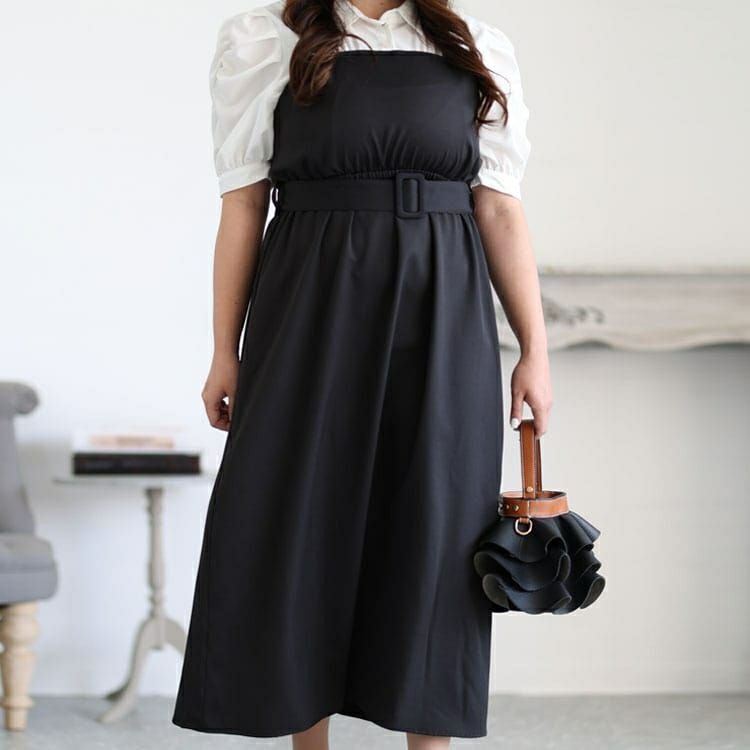 大きいサイズ レディース レイヤード風ベルト付きパワショルワンピース　maru-36129