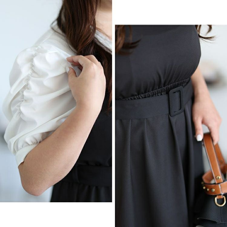 大きいサイズ レディース レイヤード風ベルト付きパワショルワンピース　maru-36129