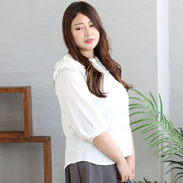 大きいサイズ レディース フリル襟ブラウス　goldy-1295