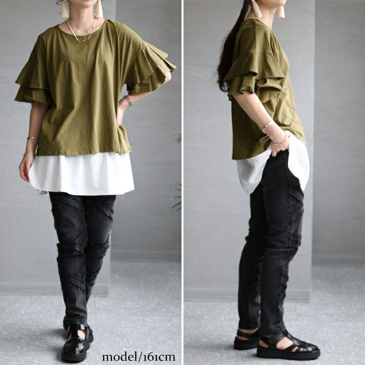 大きいサイズ レディース ダブルフリルスリーブプルオーバー　wk-0386 【メール便可】