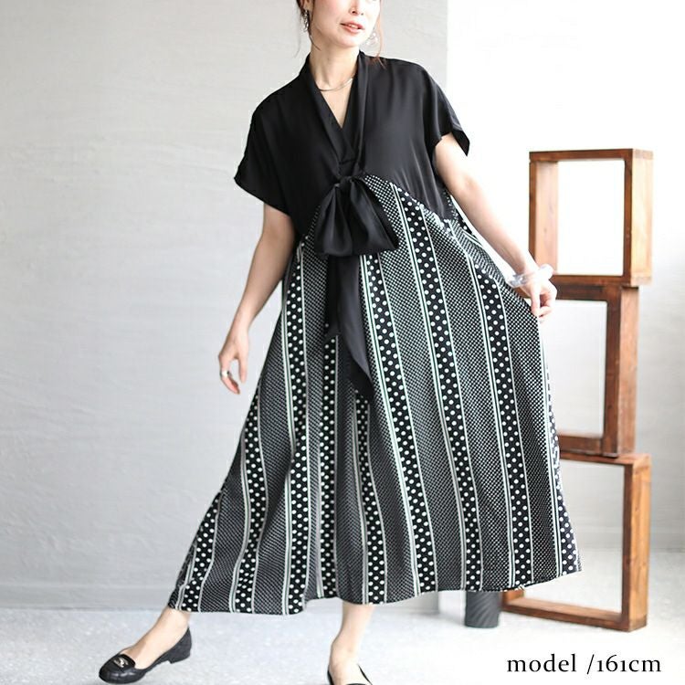 大きいサイズ レディース フロントリボン柄切替えワンピース　jp481 【メール便可】