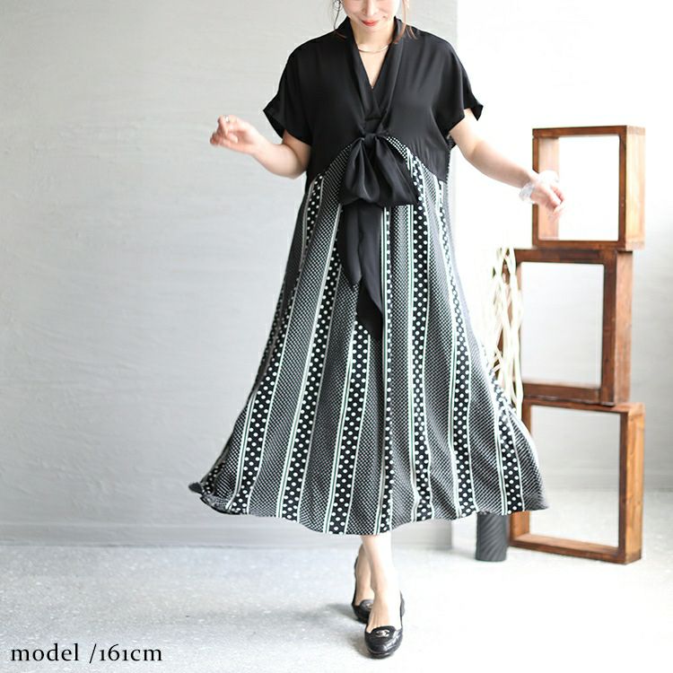 大きいサイズ レディース フロントリボン柄切替えワンピース　jp481 【メール便可】