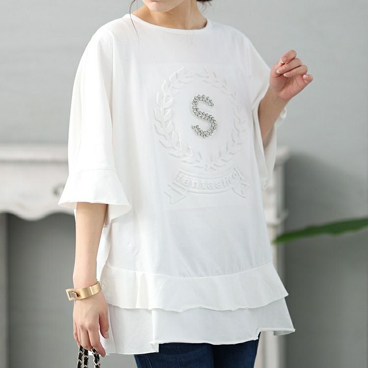 大きいサイズ レディース ビジュー立体ロゴフリルカットソー　jp473 【メール便可】