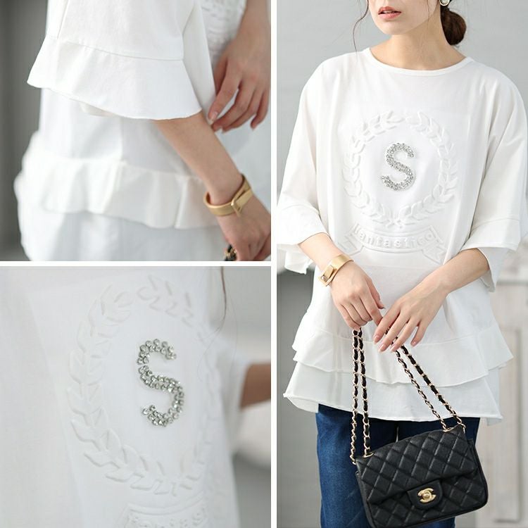 大きいサイズ レディース ビジュー立体ロゴフリルカットソー　jp473 【メール便可】