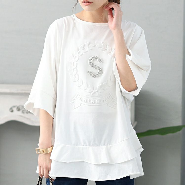 大きいサイズ レディース ビジュー立体ロゴフリルカットソー　jp473 【メール便可】