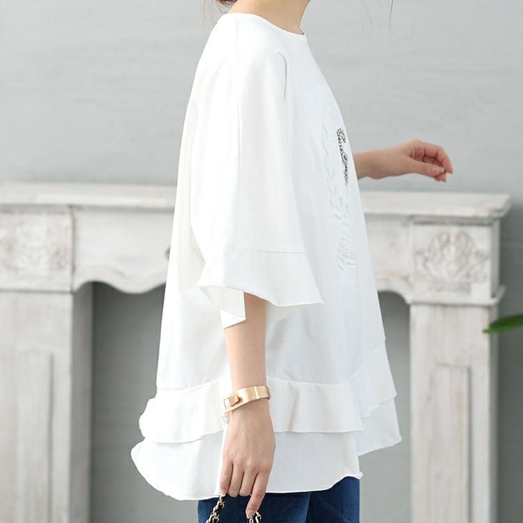 大きいサイズ レディース ビジュー立体ロゴフリルカットソー　jp473 【メール便可】