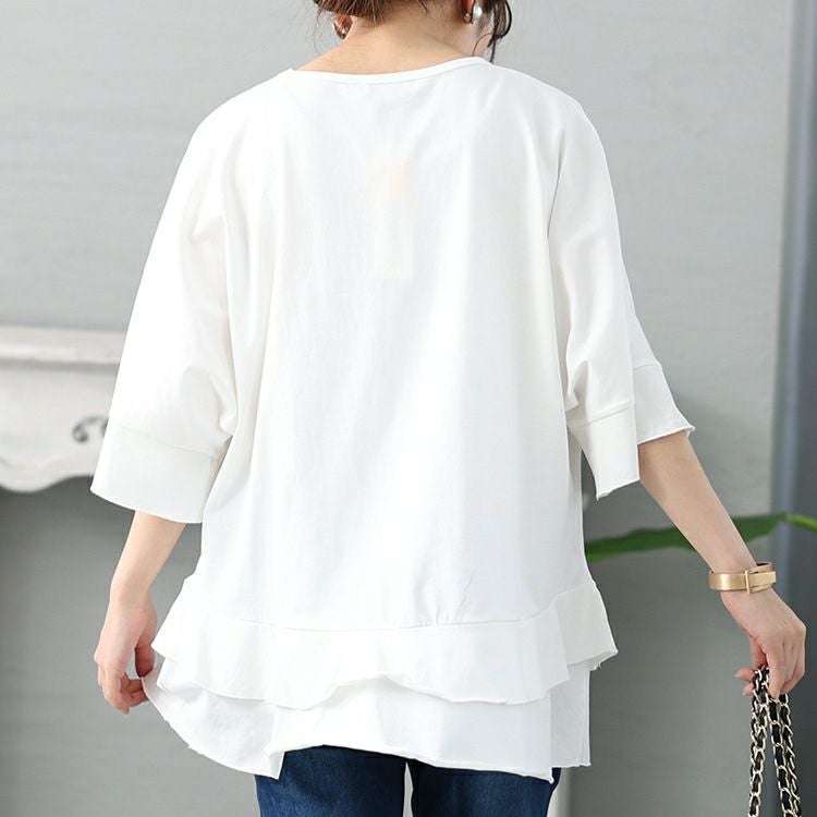 大きいサイズ レディース ビジュー立体ロゴフリルカットソー　jp473 【メール便可】