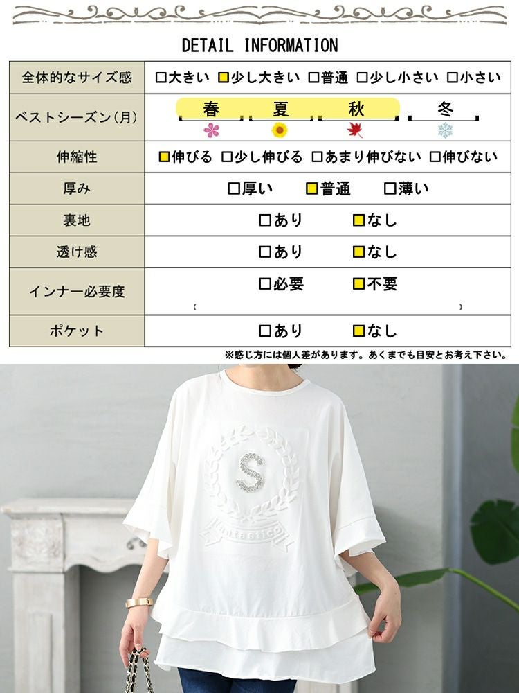 大きいサイズ レディース ビジュー立体ロゴフリルカットソー　jp473 【メール便可】