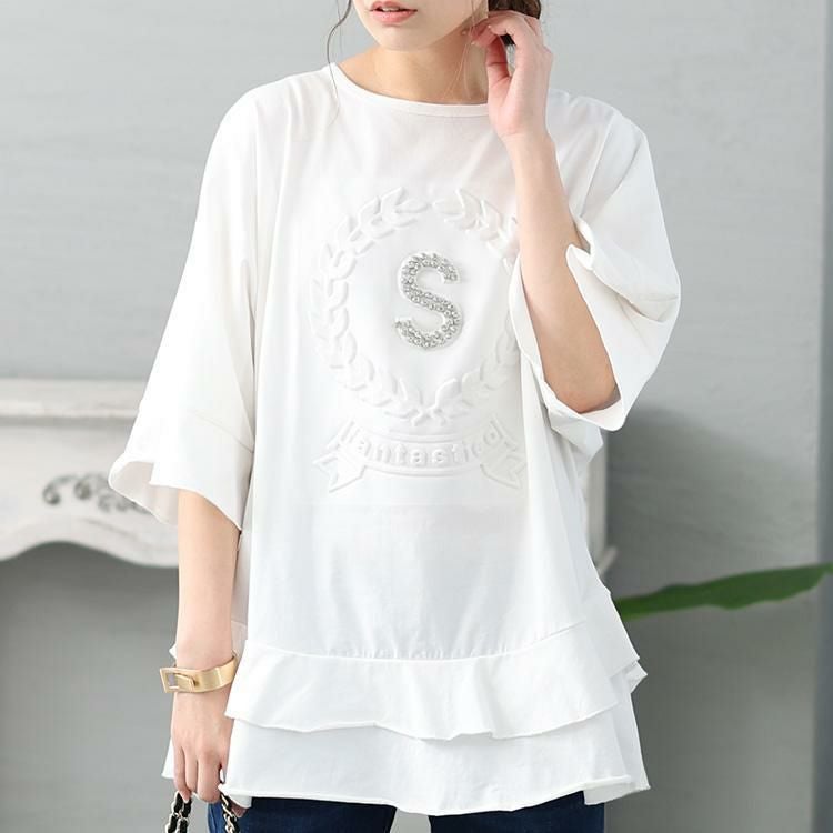 大きいサイズ レディース ビジュー立体ロゴフリルカットソー　jp473 【メール便可】 ホワイト