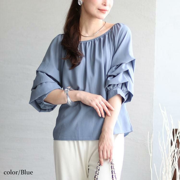 大きいサイズ レディース 楊柳レイヤード袖スクエアネックプルオーバー　goldy-1276 【メール便可】 ブルー