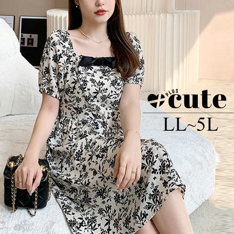 大きいサイズ レディース 胸元リボン花柄ワンピース　goldy-1280 ゆうパケット可