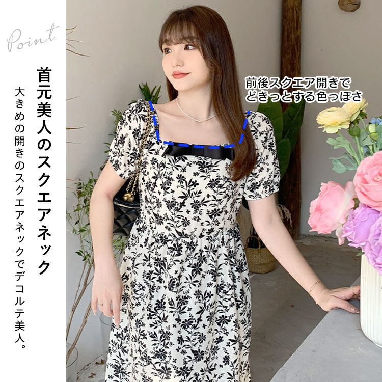 大きいサイズ レディース 胸元リボン花柄ワンピース　goldy-1280 ゆうパケット可