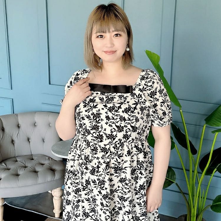 大きいサイズ レディース 胸元リボン花柄ワンピース　goldy-1280 ゆうパケット可