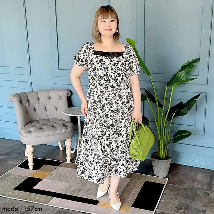 大きいサイズ レディース 胸元リボン花柄ワンピース　goldy-1280 ゆうパケット可