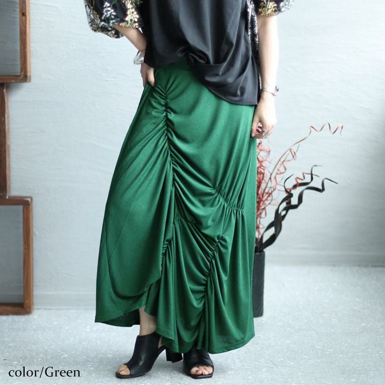 大きいサイズ レディース ランダムシャーリングデザインスカート　sw-0545 グリーン