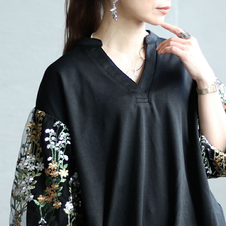 大きいサイズ レディース 刺繍ボリューム袖トップス　gold928 【メール便可】