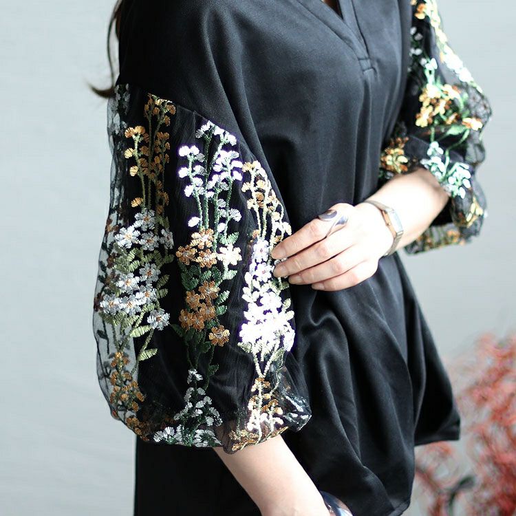 大きいサイズ レディース 刺繍ボリューム袖トップス　gold928 【メール便可】