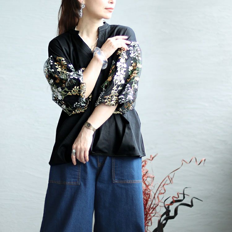 大きいサイズ レディース 刺繍ボリューム袖トップス　gold928 【メール便可】