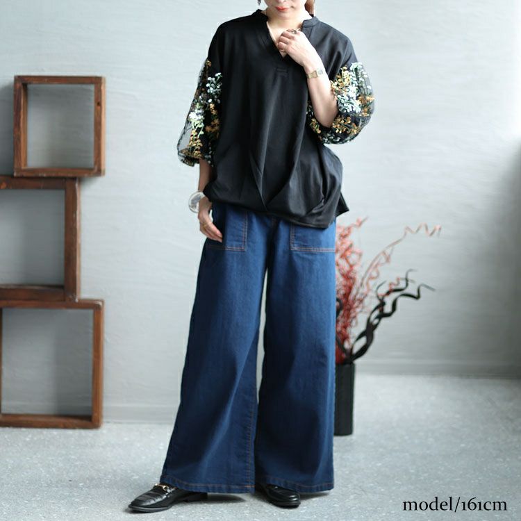 大きいサイズ レディース 刺繍ボリューム袖トップス　gold928 【メール便可】