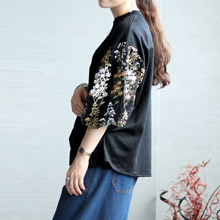 大きいサイズ レディース 刺繍ボリューム袖トップス　gold928 【メール便可】