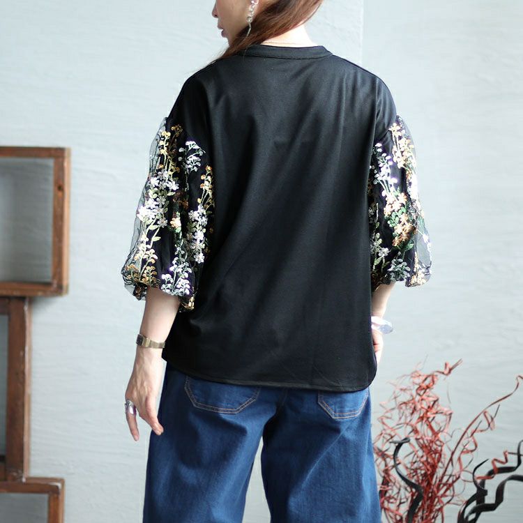 大きいサイズ レディース 刺繍ボリューム袖トップス　gold928 【メール便可】