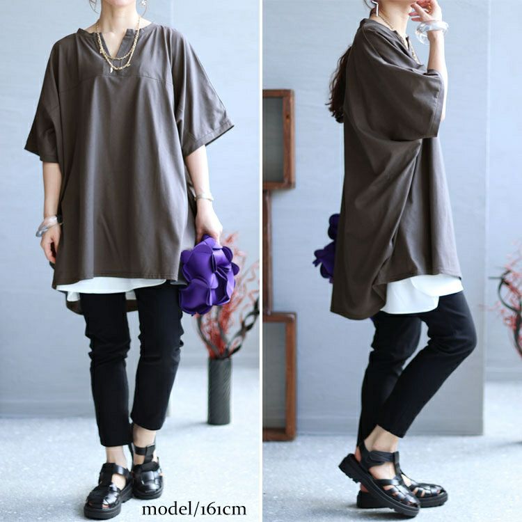 大きいサイズ レディース キーネックコクーンチュニック　bai-0137