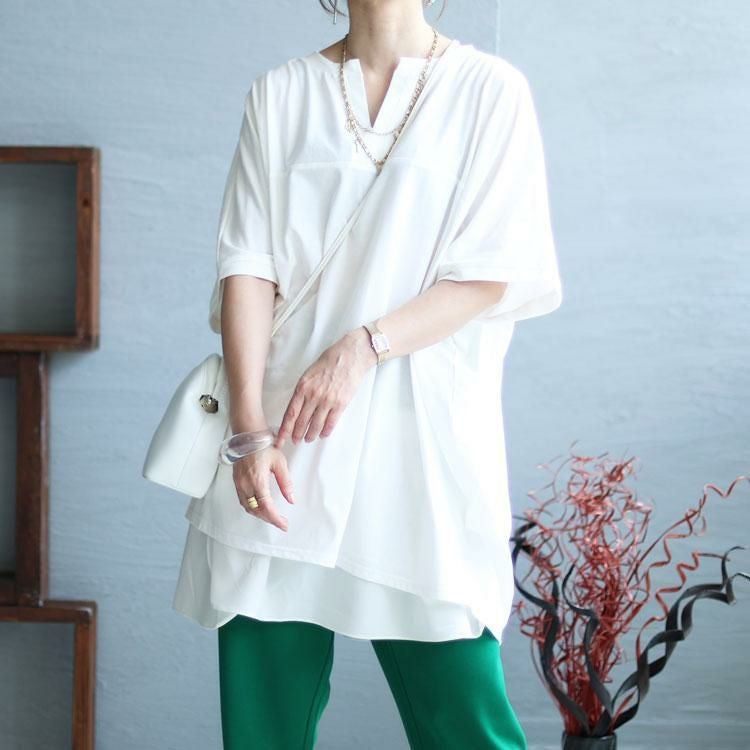 大きいサイズ レディース キーネックコクーンチュニック　bai-0137 ホワイト