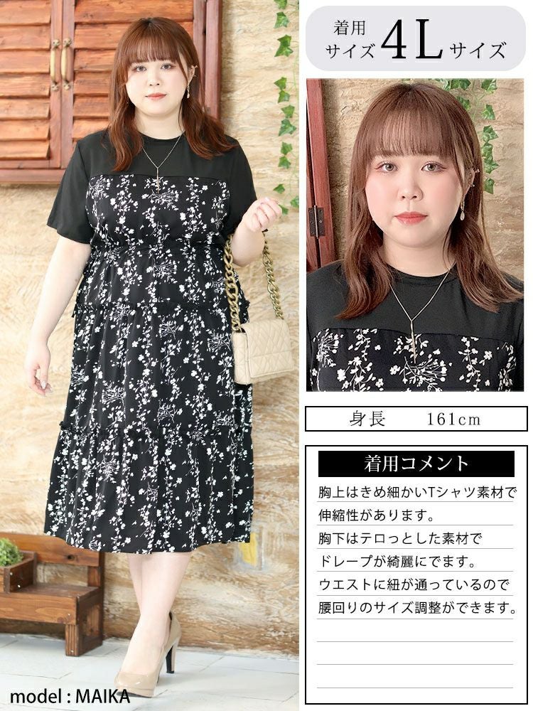 大きいサイズ レディース 花柄切替えティアードワンピース goldy-1298