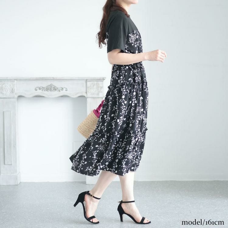 大きいサイズ レディース 花柄切替えティアードワンピース　goldy-1298 ブラック