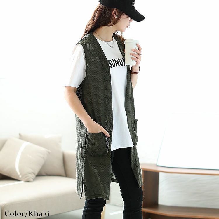 大きいサイズ レディース ポケット付き畦編みジレ　cast-5534029 【メール便可】