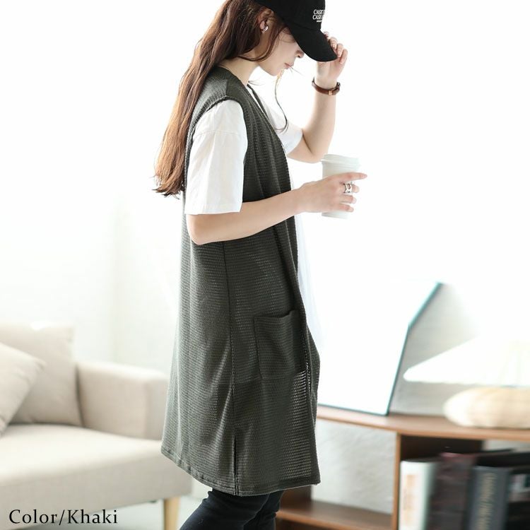 大きいサイズ レディース ポケット付き畦編みジレ　cast-5534029 【メール便可】