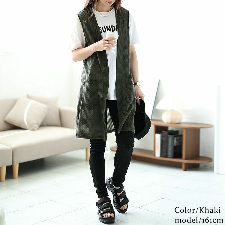 大きいサイズ レディース ポケット付き畦編みジレ　cast-5534029 【メール便可】
