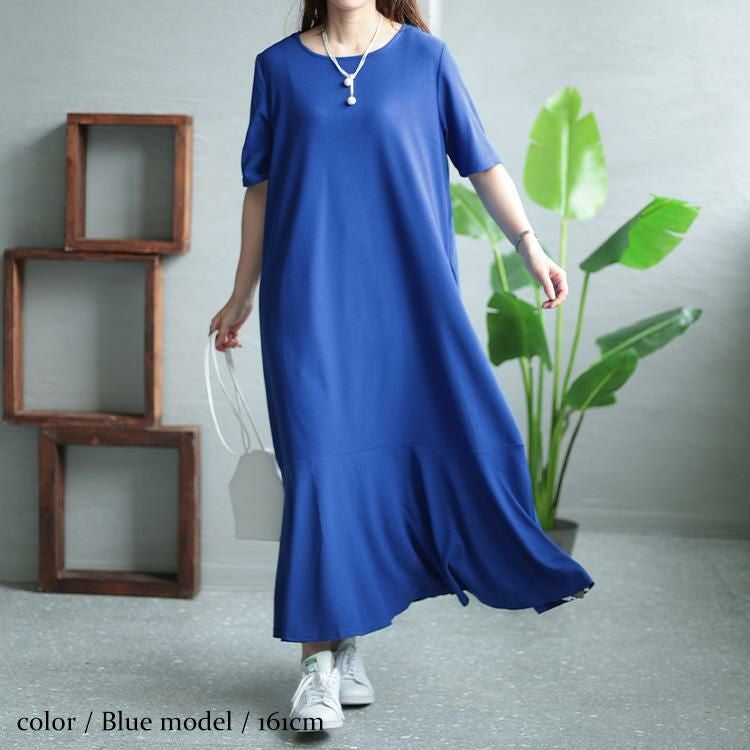 大きいサイズ レディース ワッフルカットソーマーメイドワンピース　maru-6672 ブルー