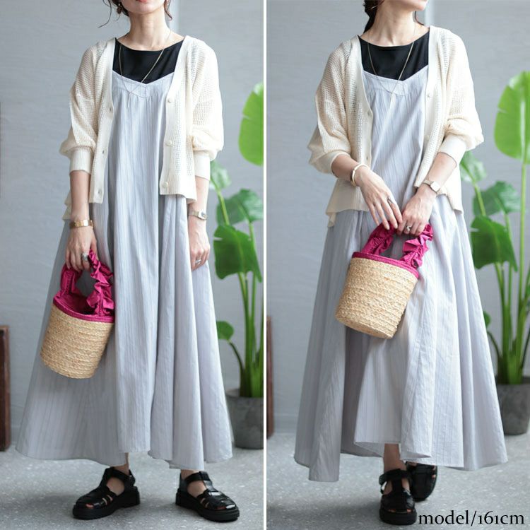 大きいサイズ レディース シャドーストライプ柄キャミワンピース　nw-23018