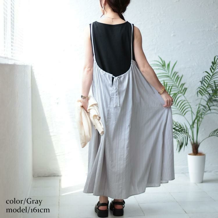 大きいサイズ レディース シャドーストライプ柄キャミワンピース　nw-23018 グレー