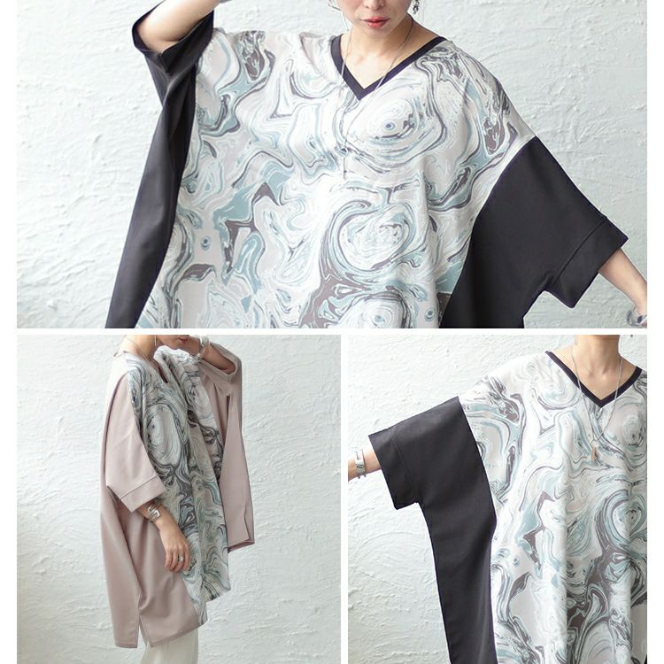 大きいサイズ レディース マーブル柄切替BIGワイドチュニック　maru-6667 【メール便可】