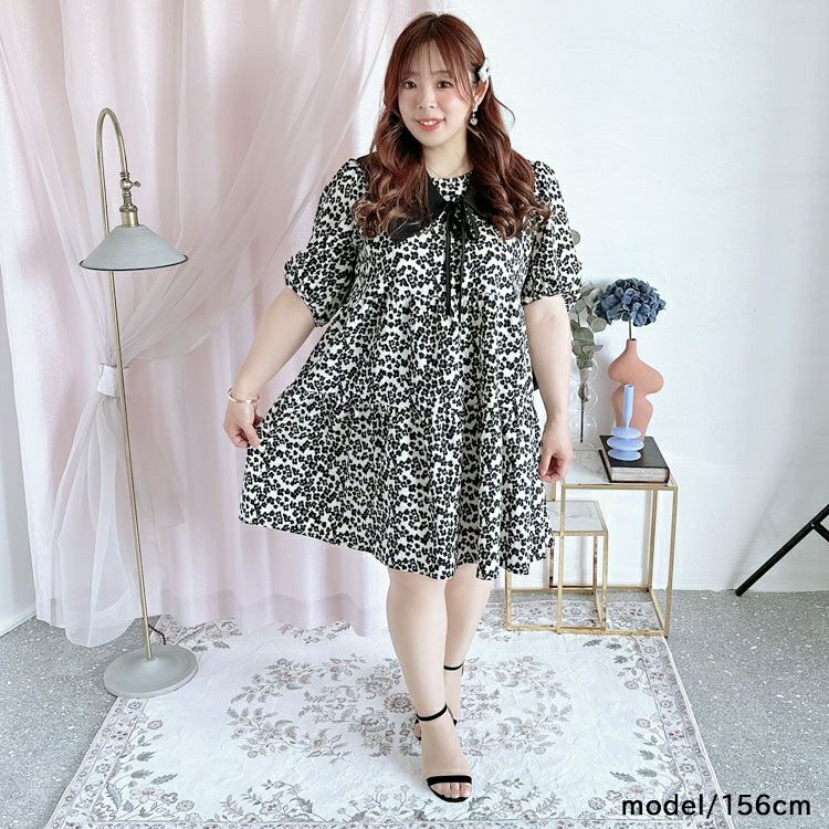 大きいサイズ レディース つけ襟付きバルーンスリーブティアードワンピース　goldy-1297