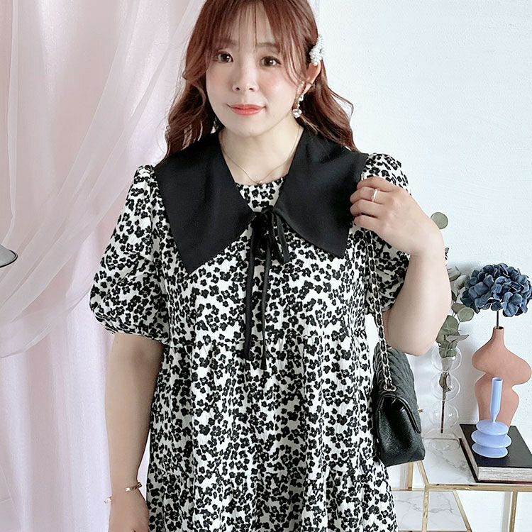 大きいサイズ レディース つけ襟付きバルーンスリーブティアードワンピース　goldy-1297